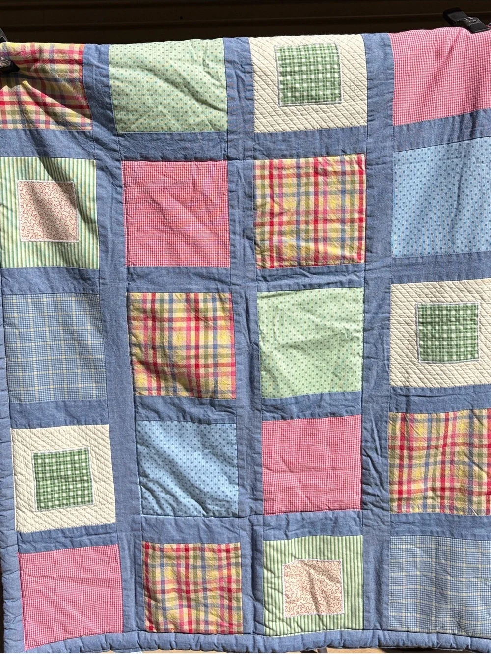 Vintage Sumersault Patchwork Baby Quilt 34x42 - Plaid Gingham Crib Nursery Quilt